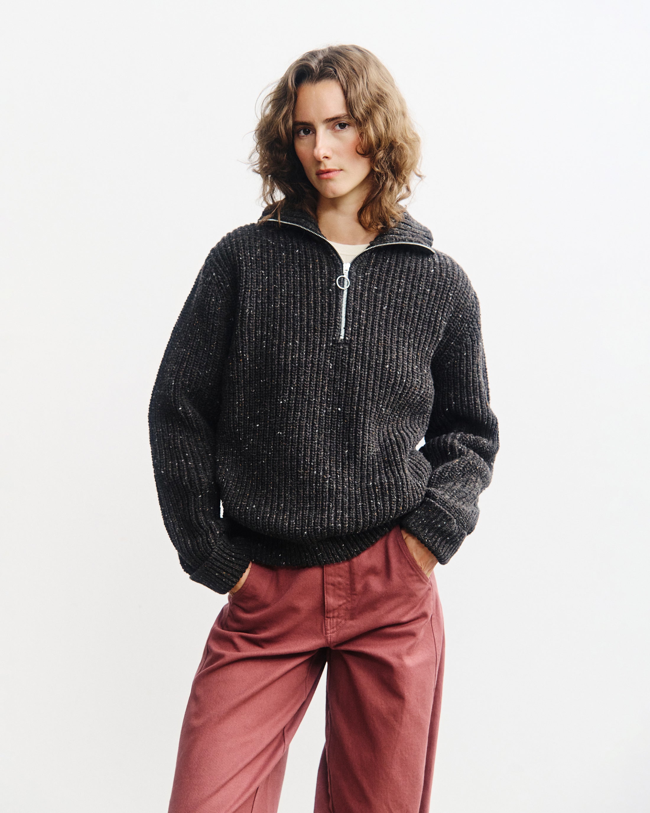 Chunky Knit Troyer - Speckled Black FW26