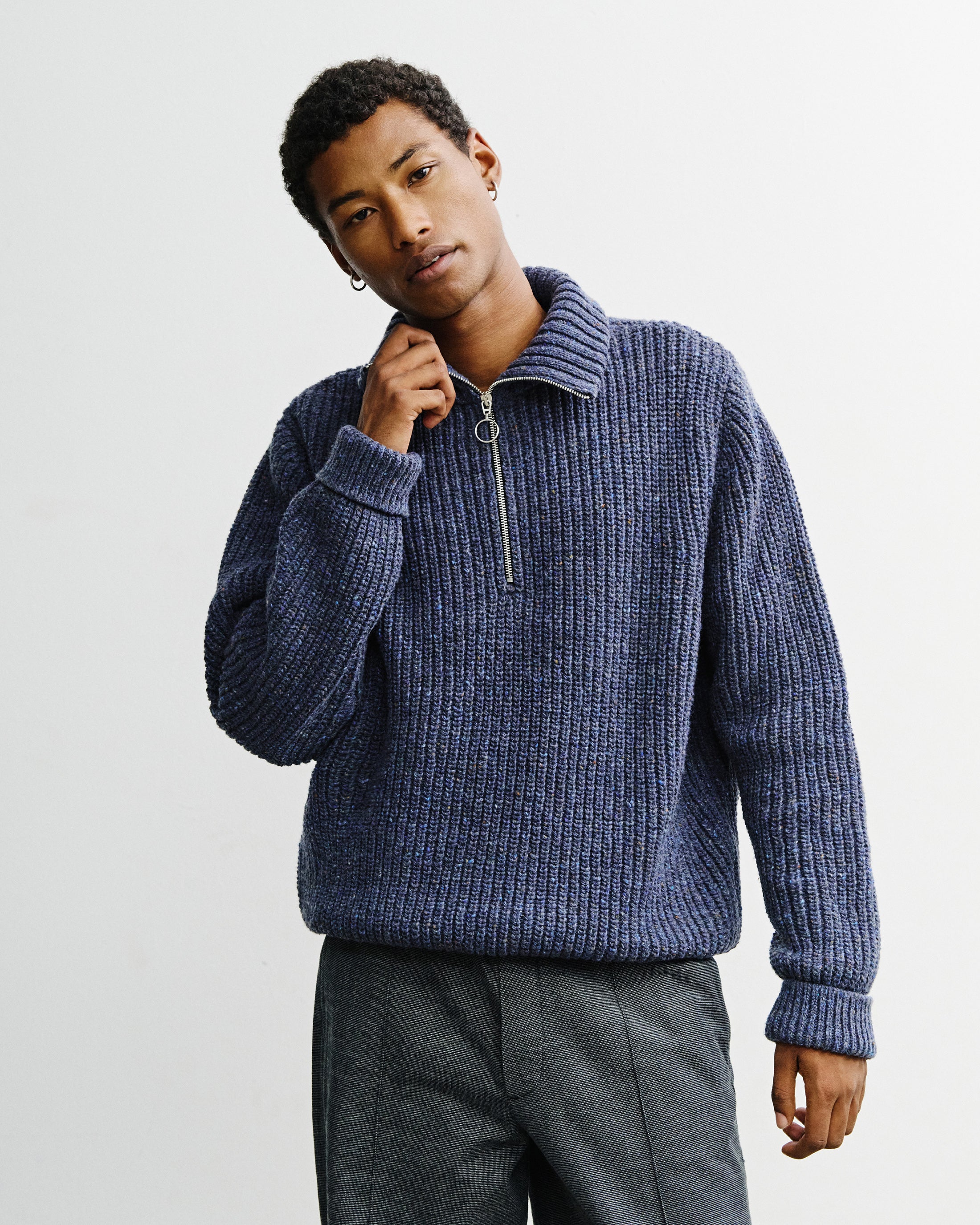 Chunky Knit Troyer - Speckled Blue FW26