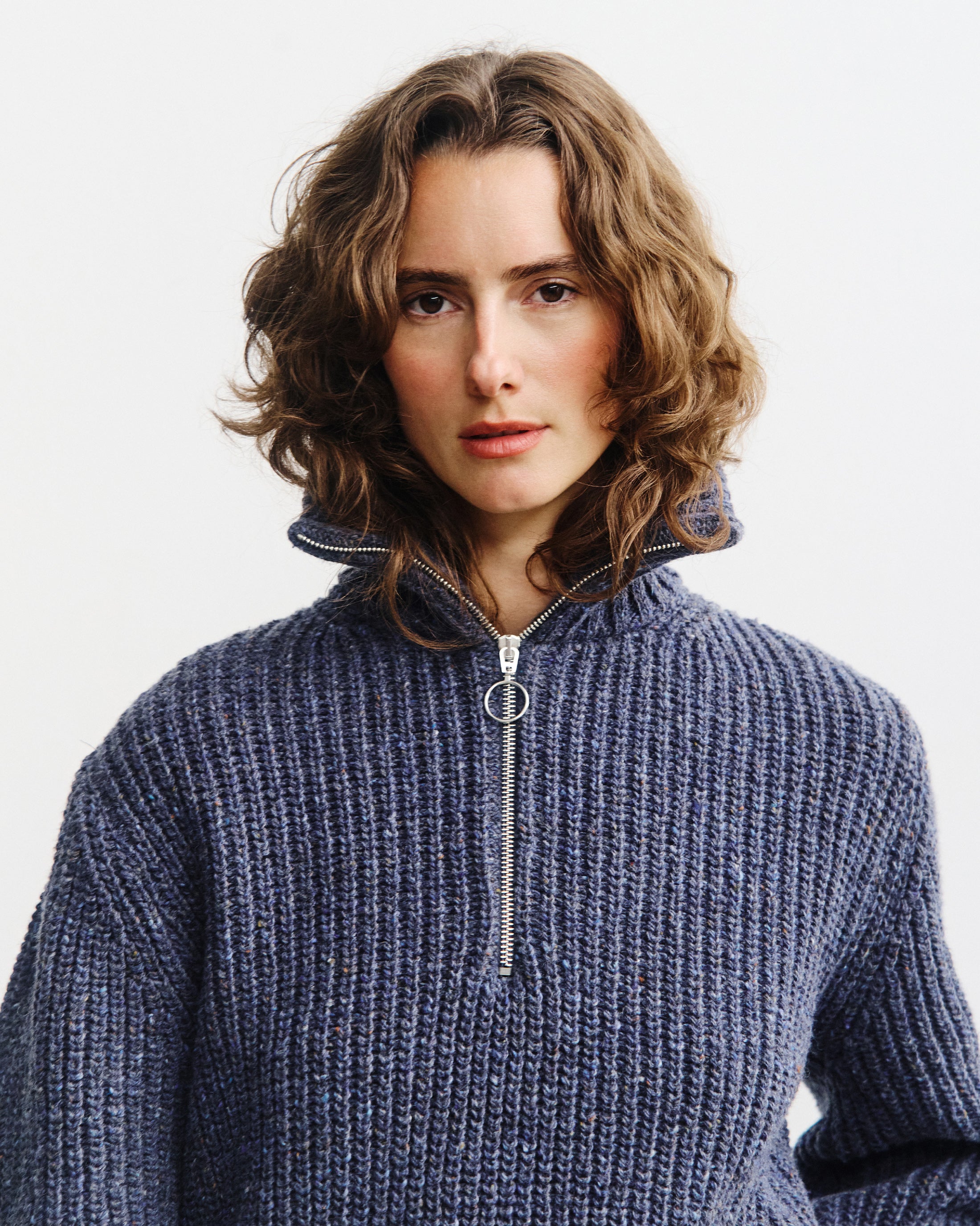 Chunky Knit Troyer - Speckled Blue FW26