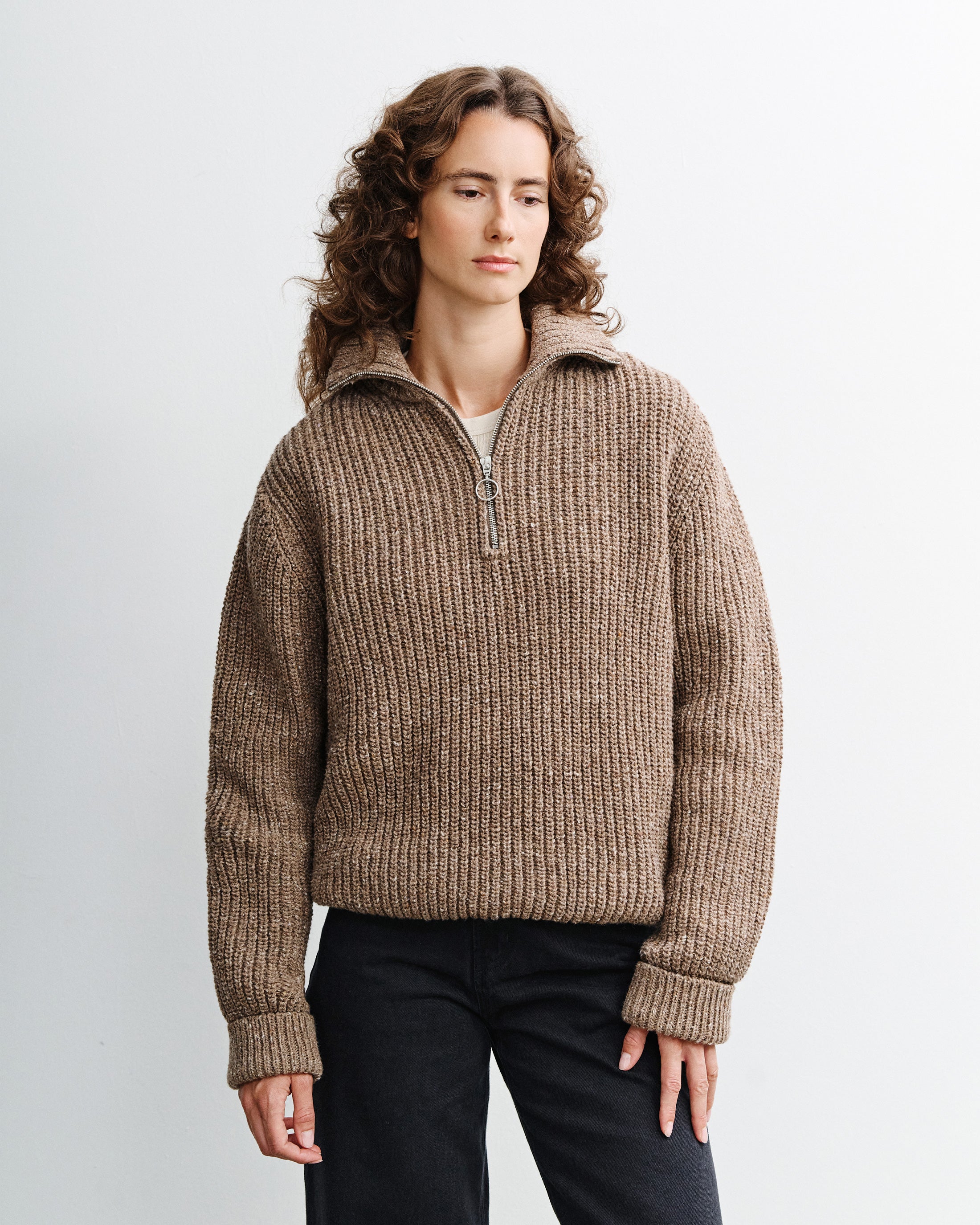 Chunky Knit Troyer - Speckled Brown FW26