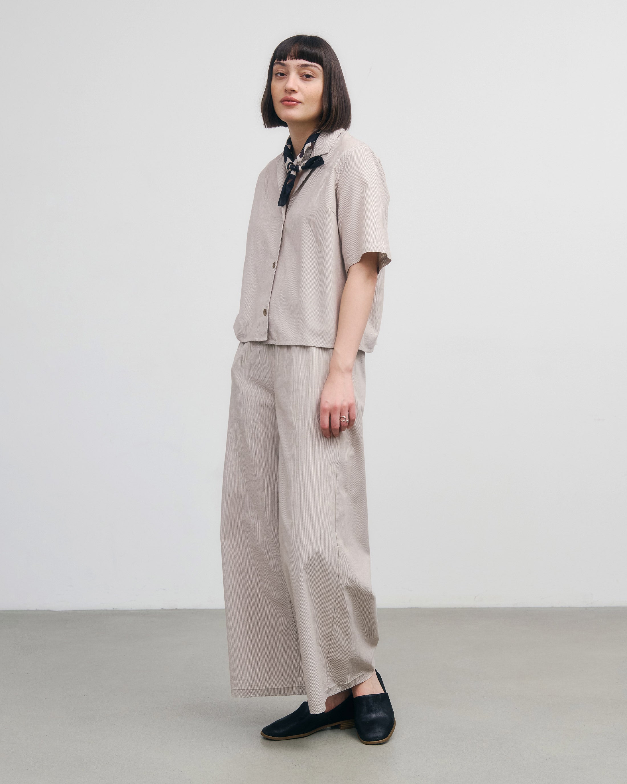 Kurzes Bowling Hemd Bio Baumwolle - Beige Gestreift