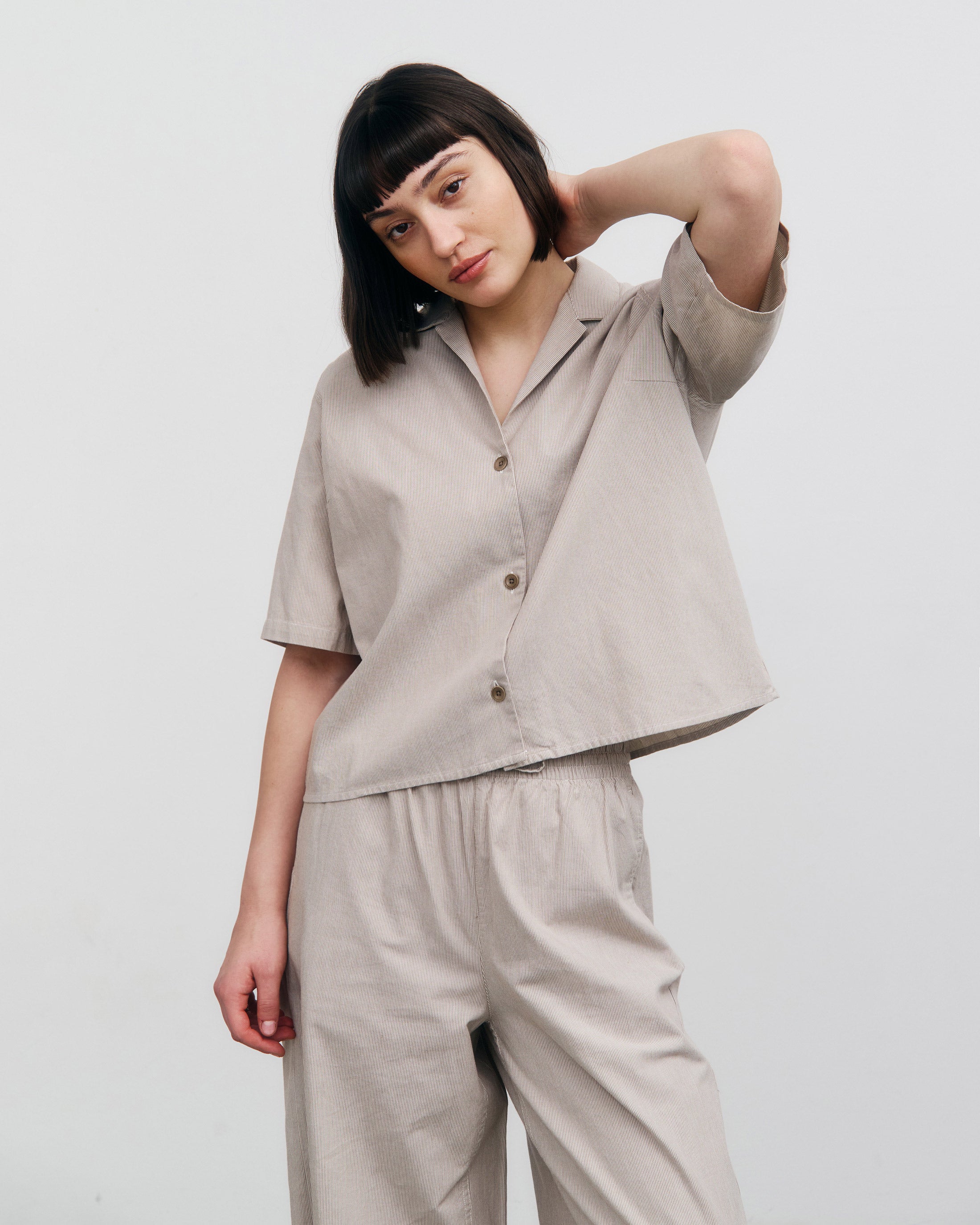 Kurzes Bowling Hemd Bio Baumwolle - Beige Gestreift