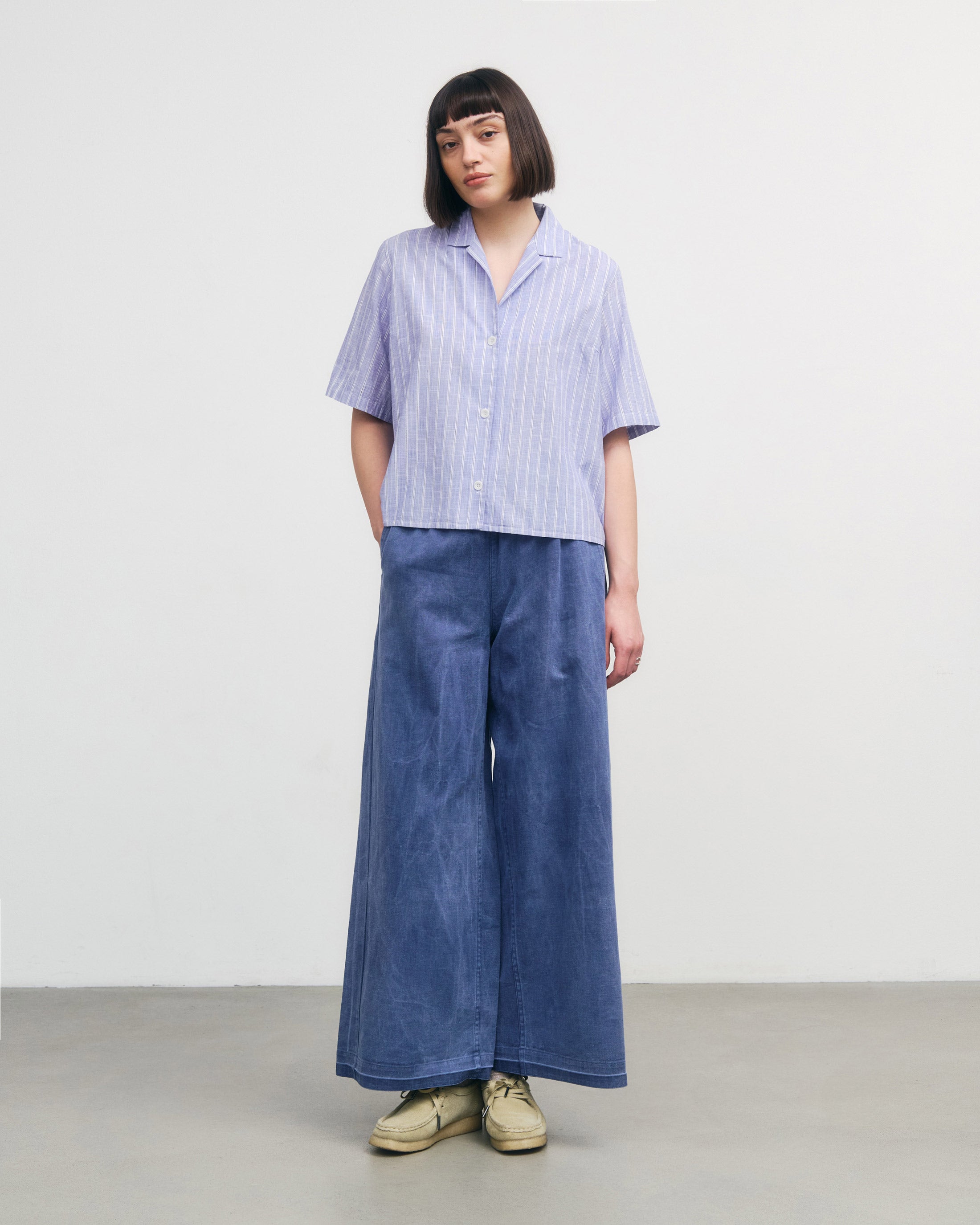 Kurzes Bowling Hemd Bio Baumwolle - Blau Gestreift