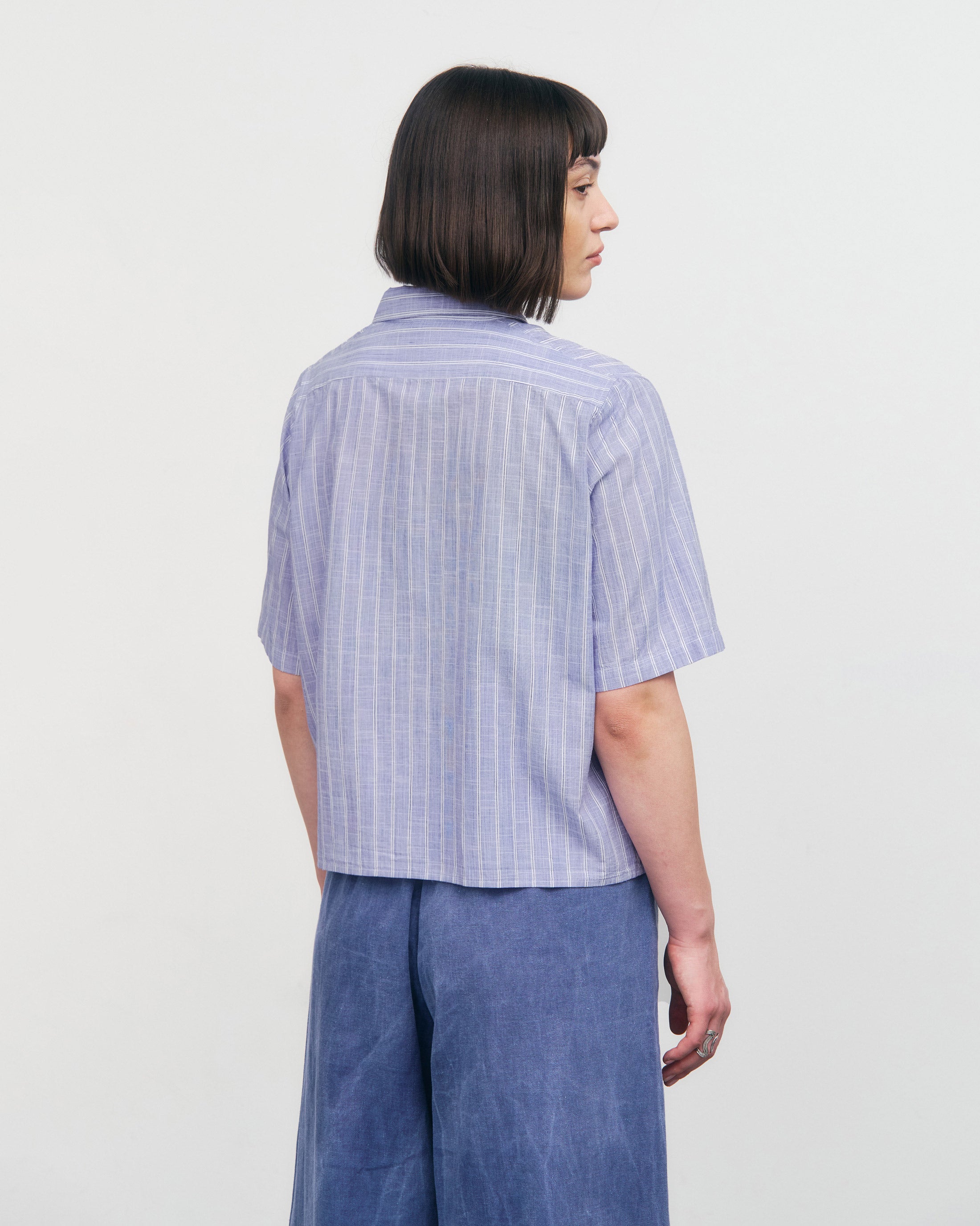 Kurzes Bowling Hemd Bio Baumwolle - Blau Gestreift