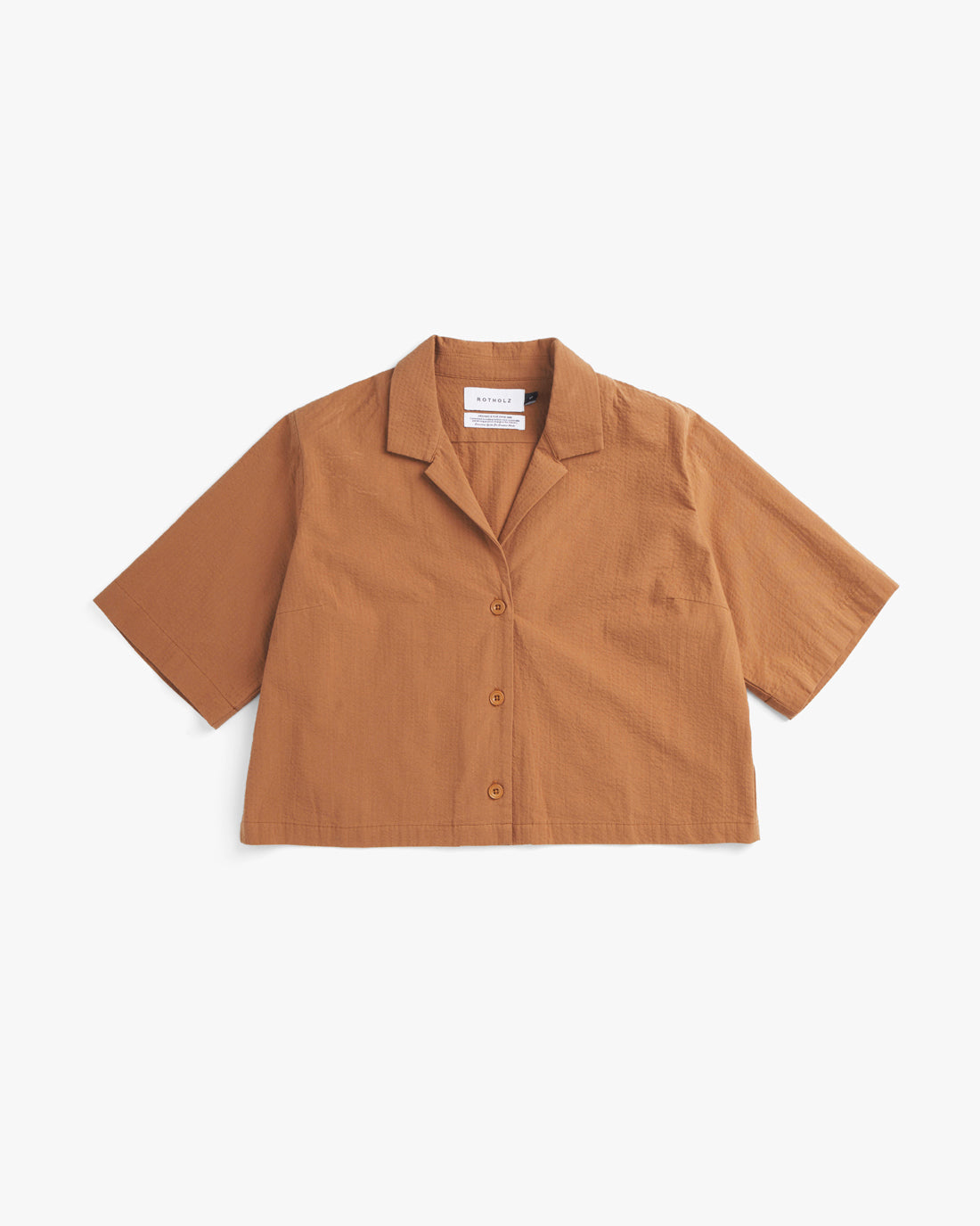 Short seersucker bowling shirt, organic cotton - caramel
