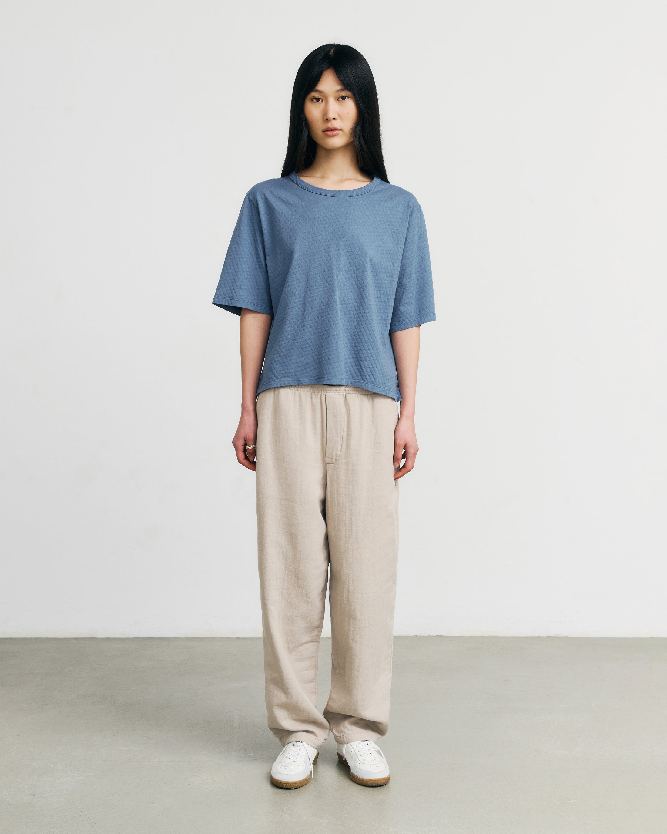 Kurzes Strukturiertes T-Shirt Bio Baumwolle - Blau