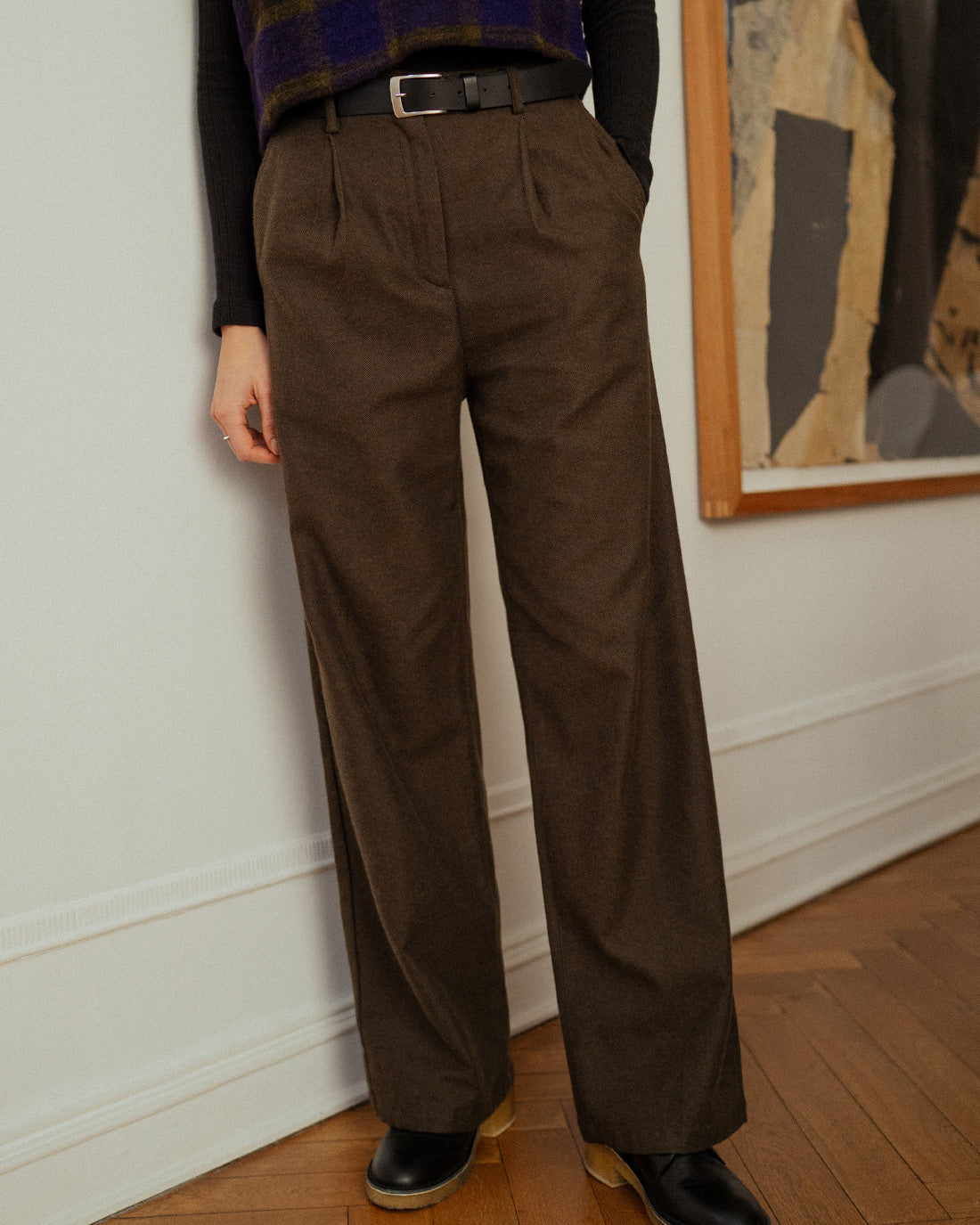 High-waisted flannel trousers, organic cotton - Brown