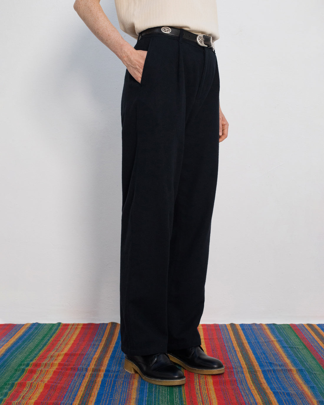 High-waisted flannel trousers, organic cotton - Black