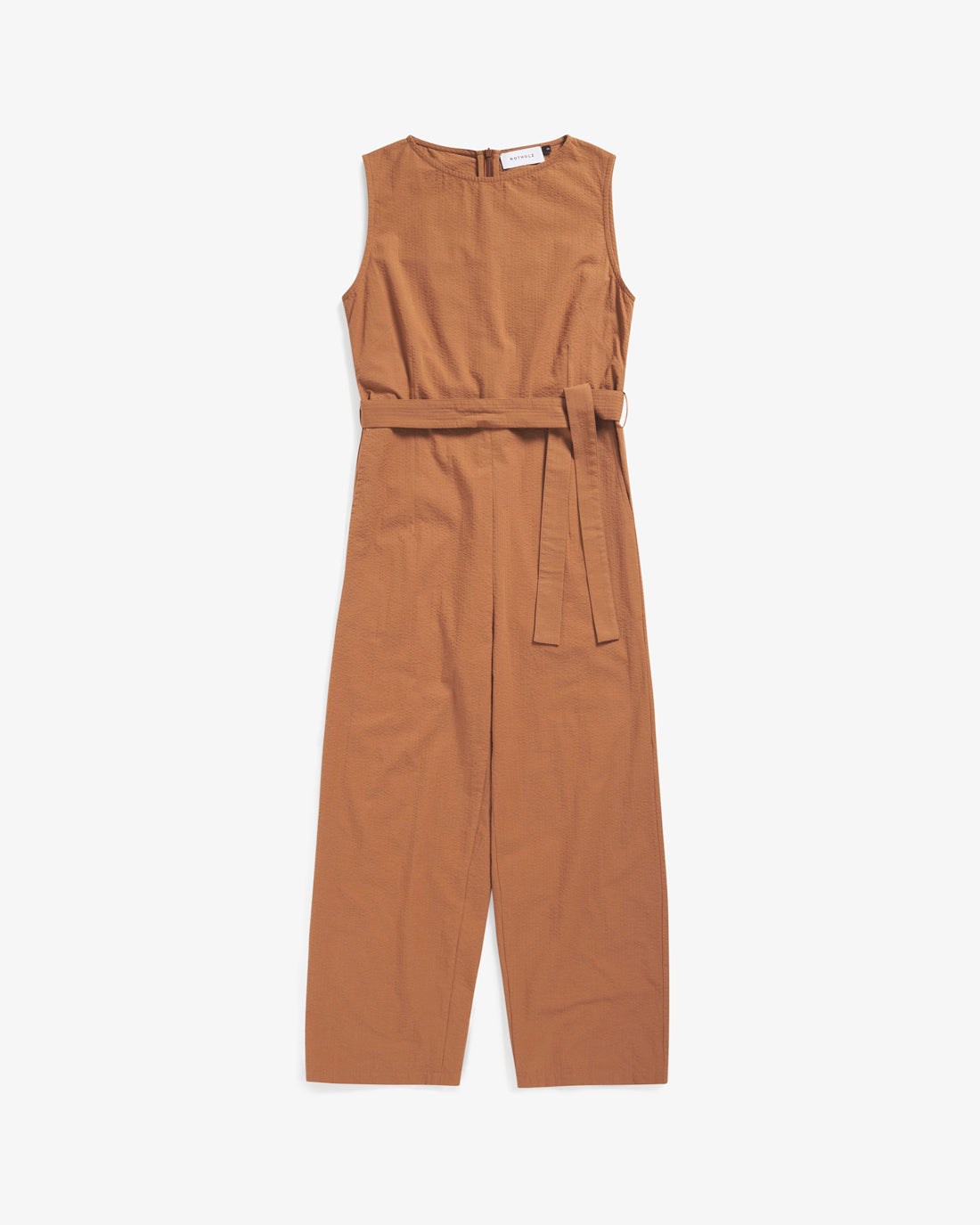 Sleeveless seersucker jumpsuit, organic cotton - Caramel