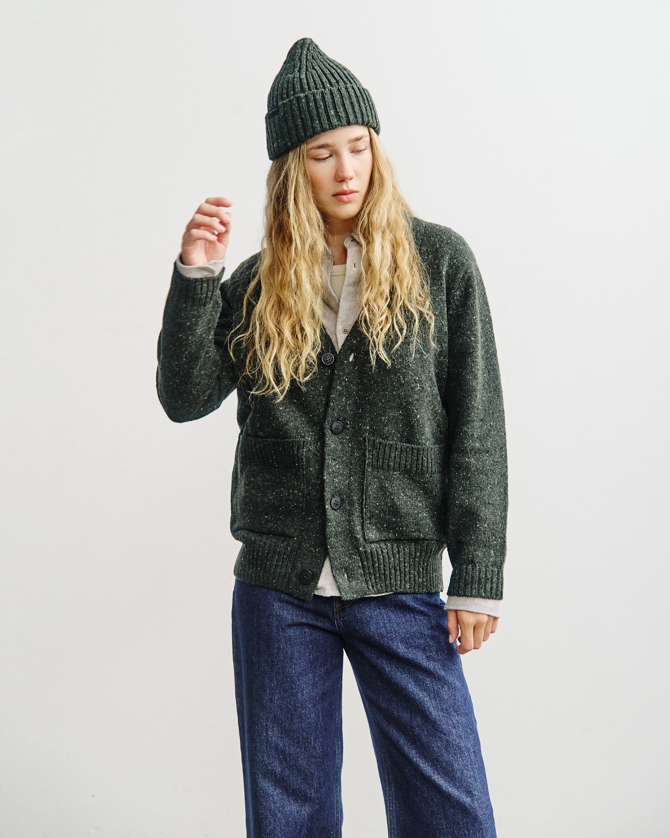 Merino Wool Knit Cardigan - Green