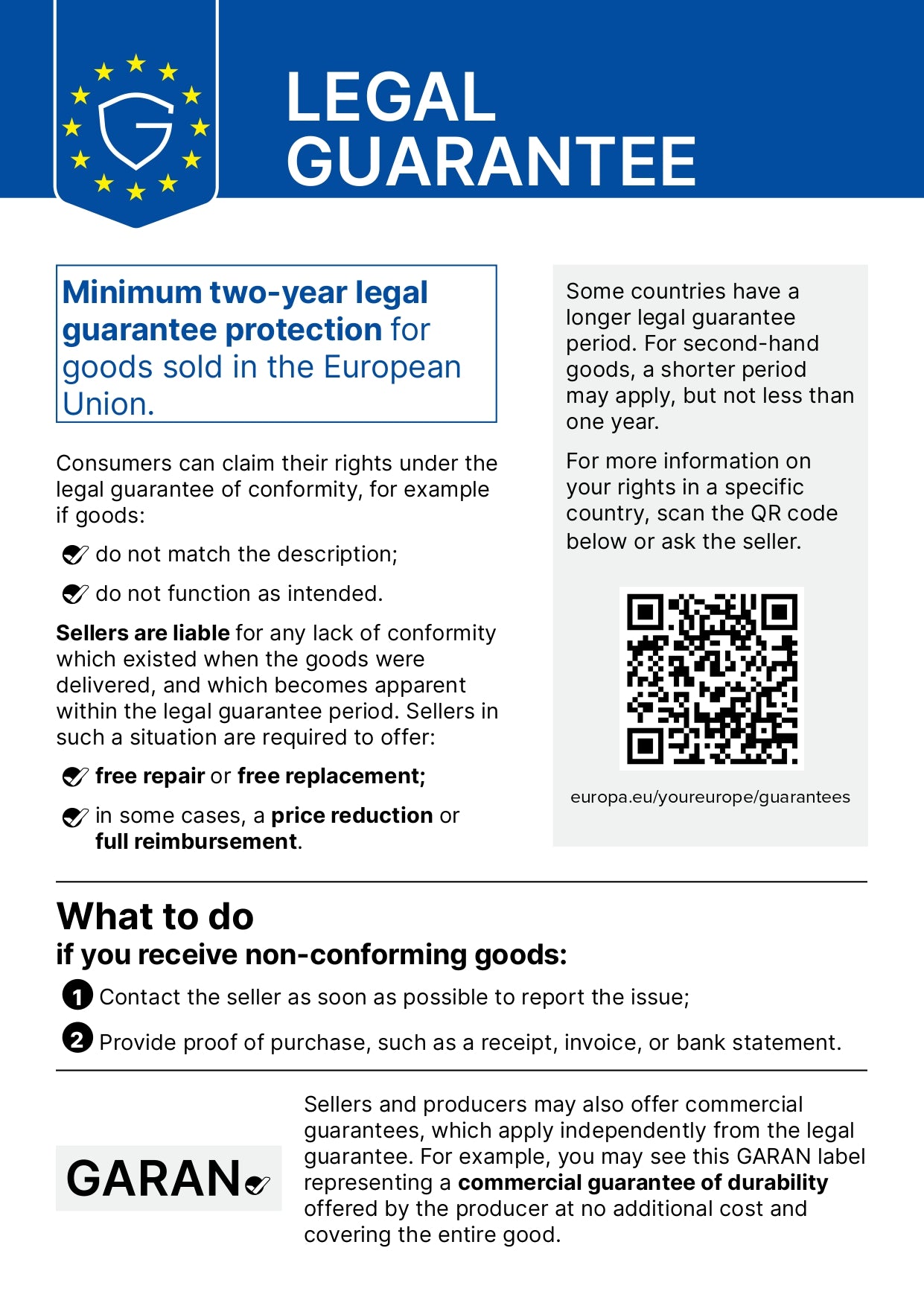 Harmonised notice on the legal guarantee of conformity
