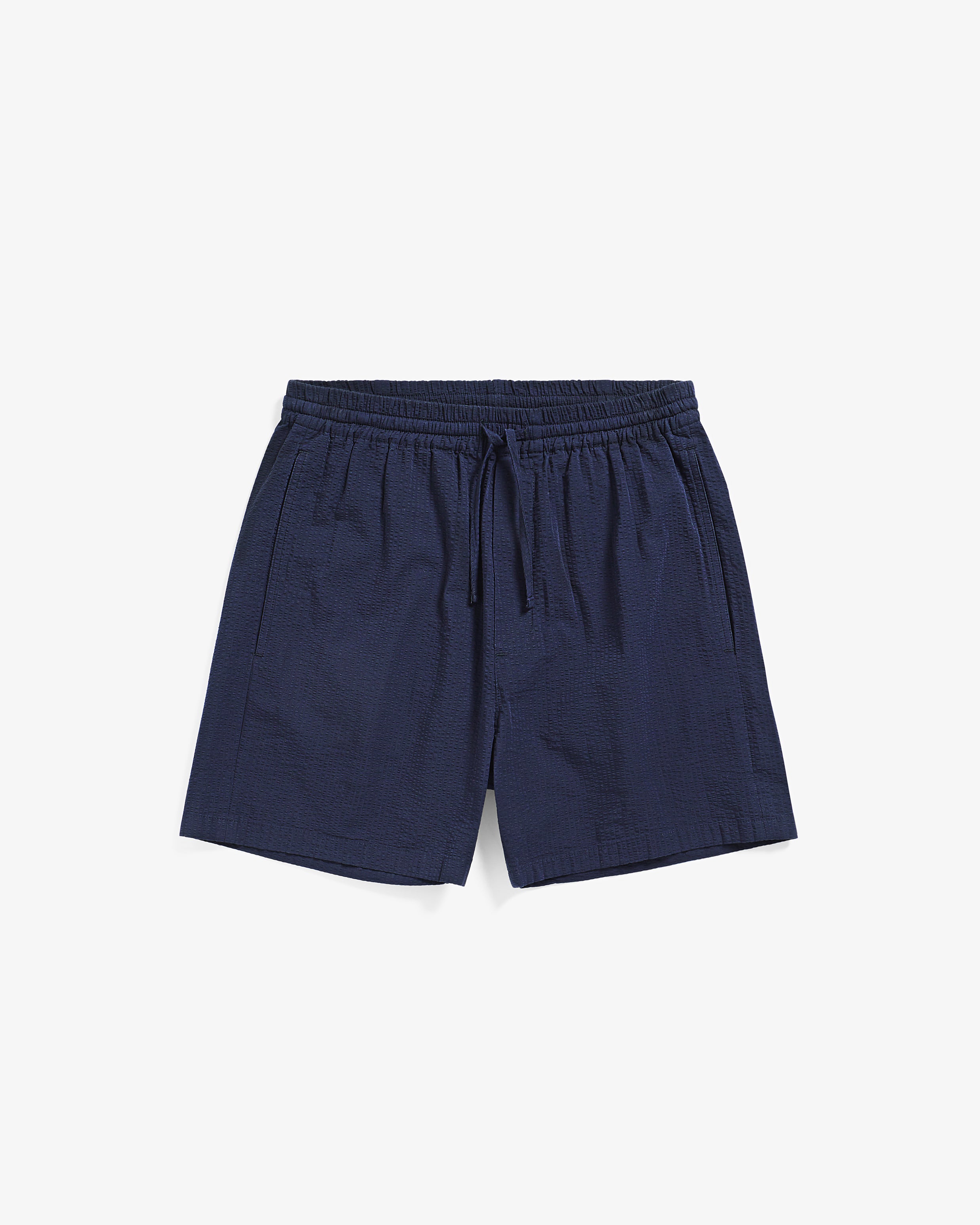 Short seersucker trousers, organic cotton - dark blue