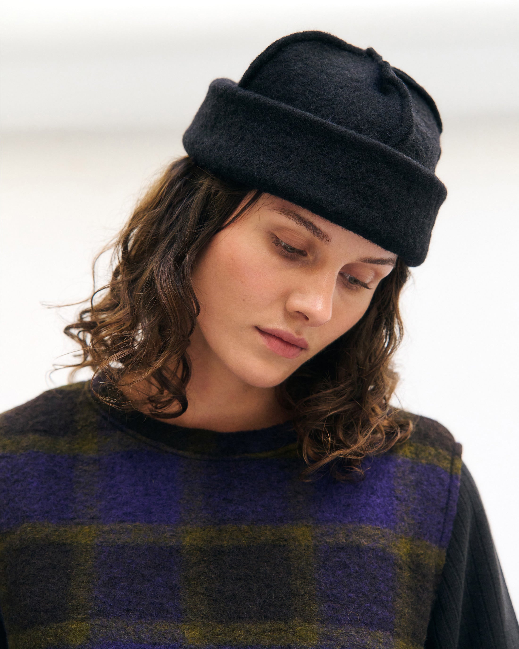 Long vest organic wool blend - purple checkered