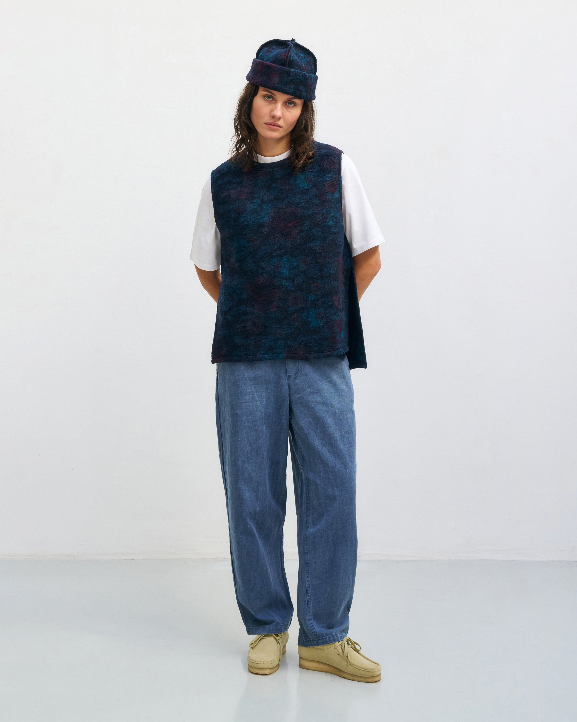 Long vest organic wool blend - blue melange