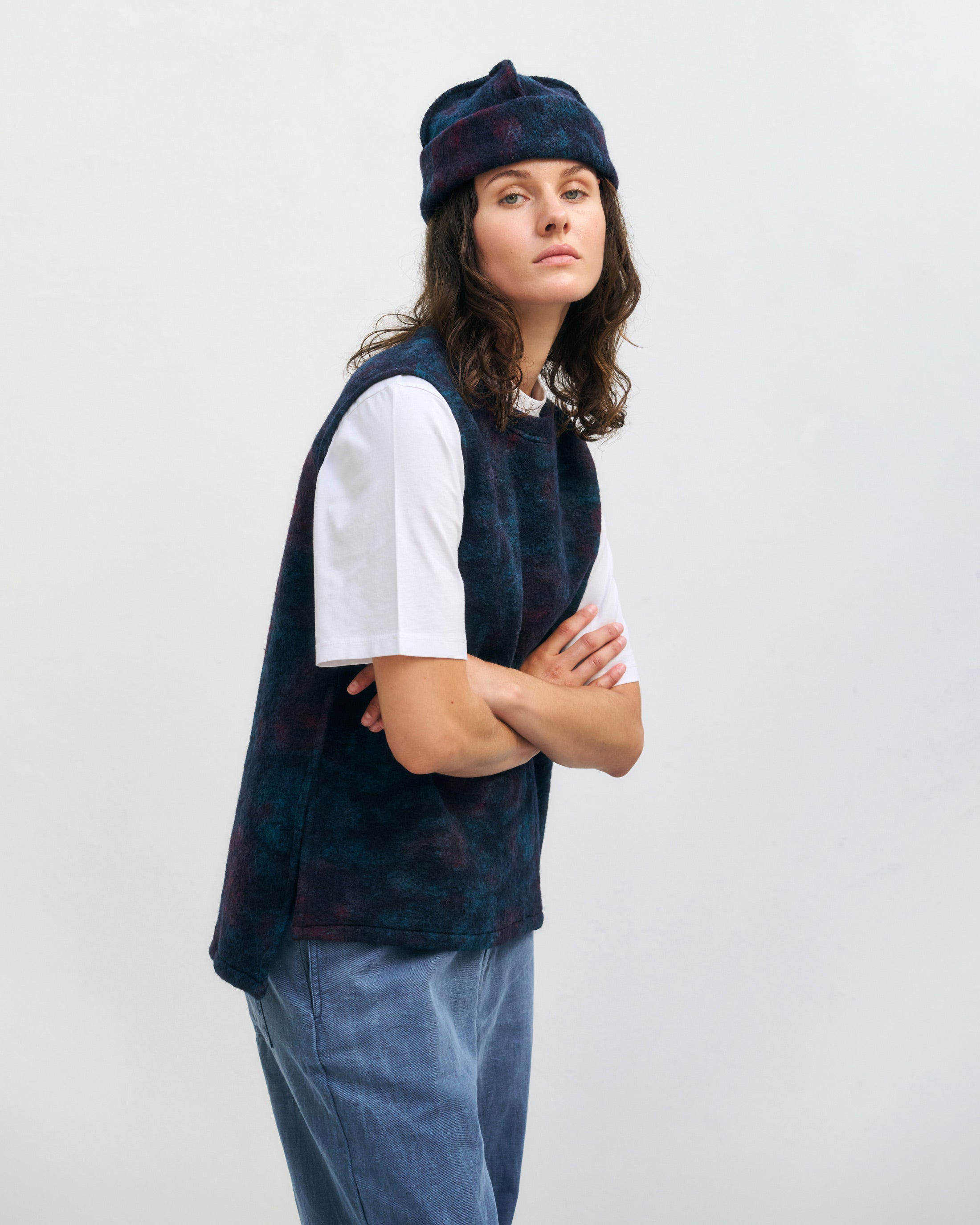 Long vest organic wool blend - blue melange