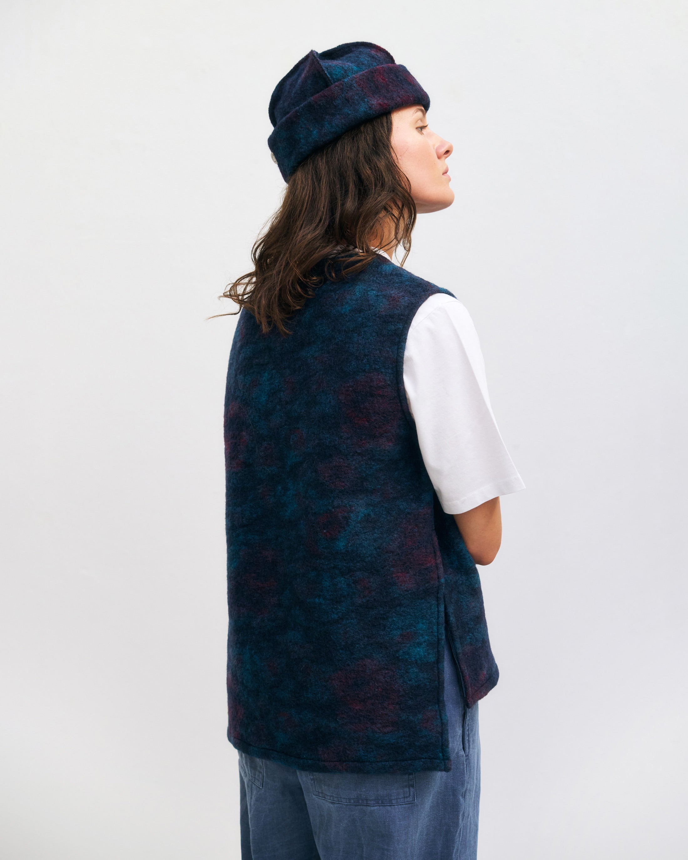 Long vest organic wool blend - blue melange