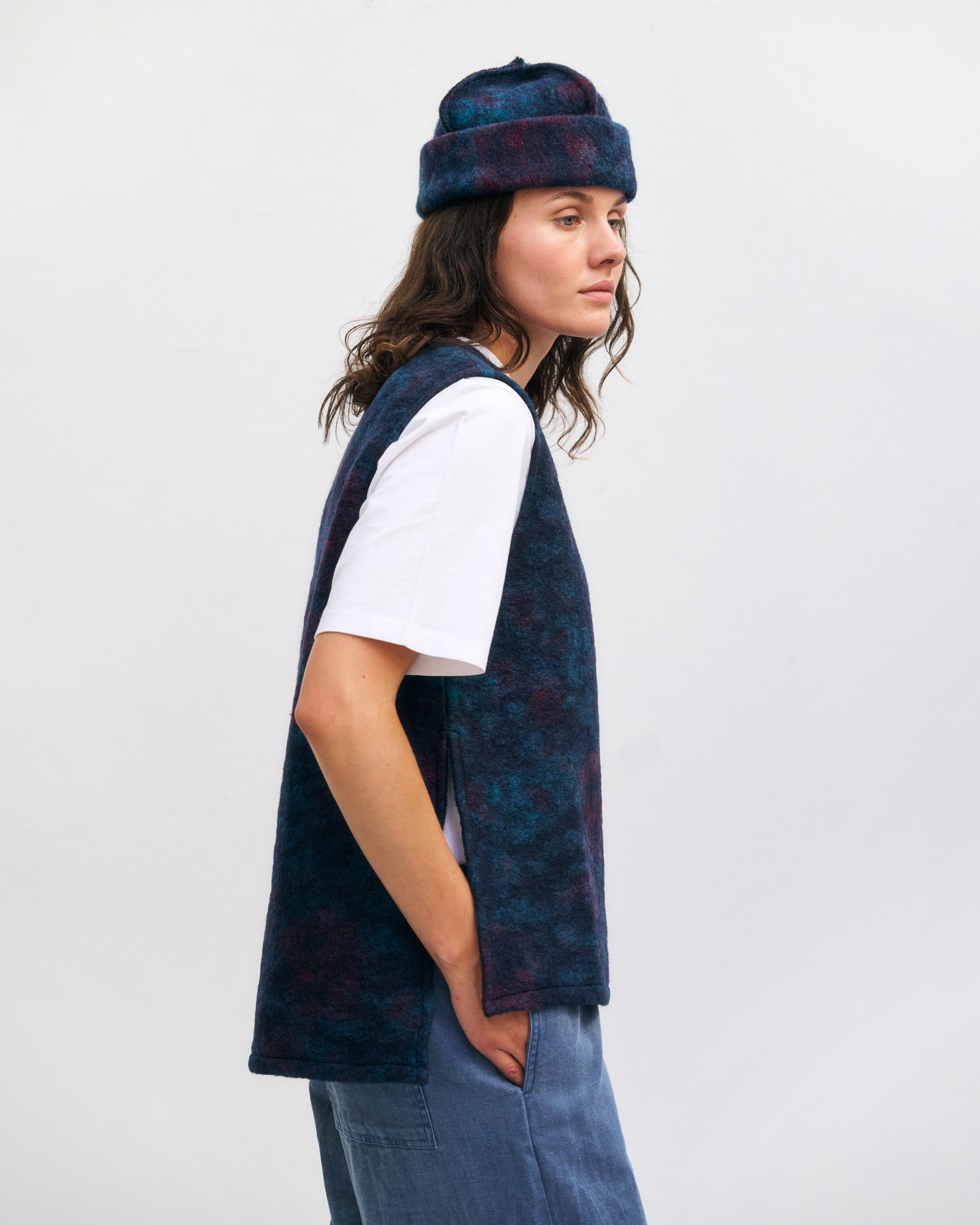 Long vest organic wool blend - blue melange