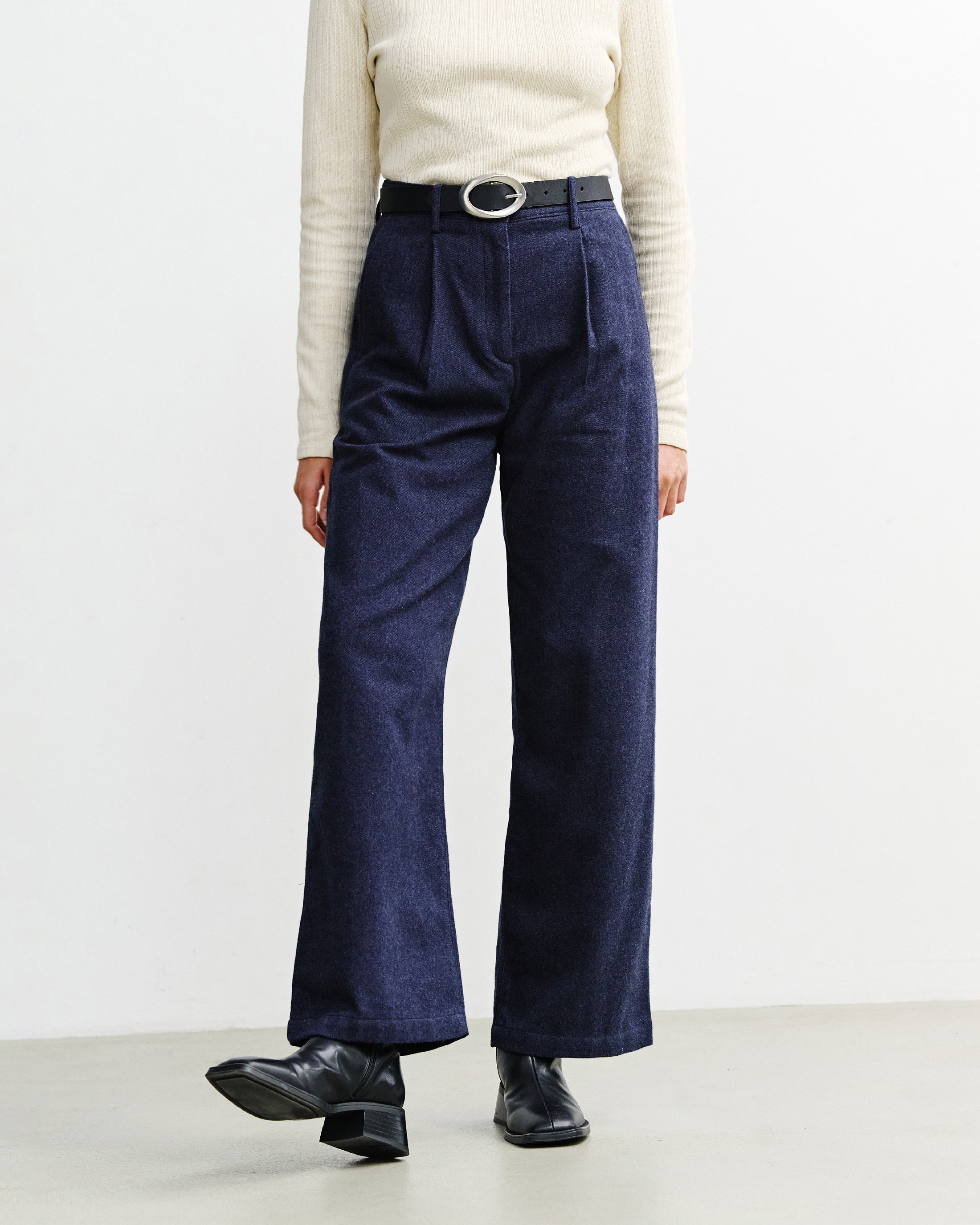 High-Waist Flannel Trousers Organic Cotton - Dark Blue