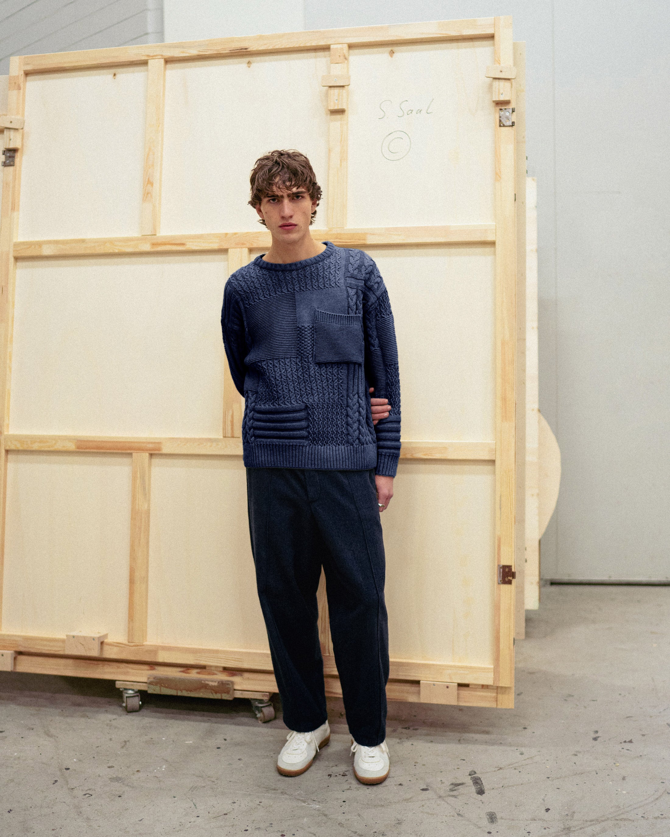 Patchwork Knit Sweatshirt Organic Cotton - Dark Blue