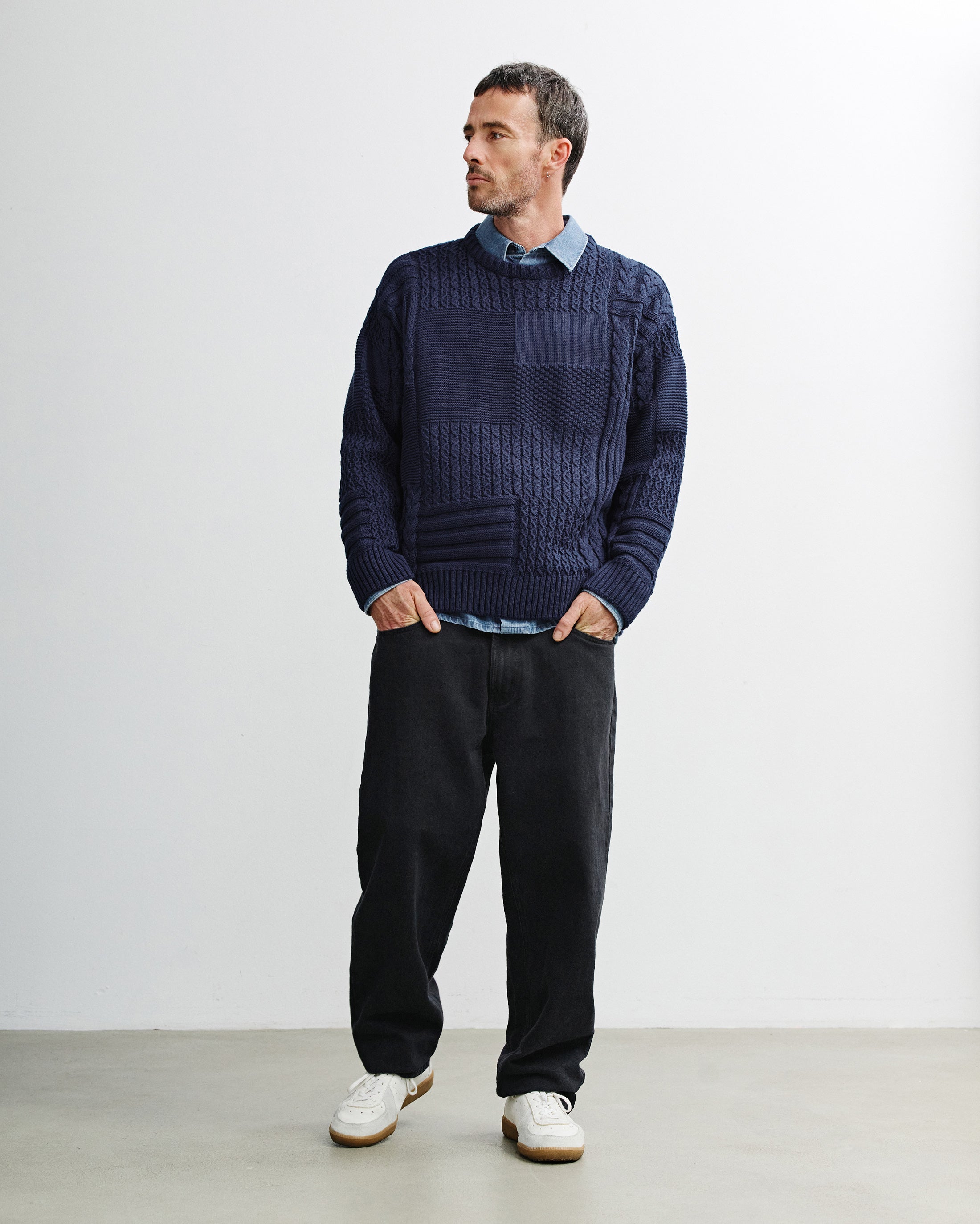 Patchwork Knit Sweatshirt Organic Cotton - Dark Blue