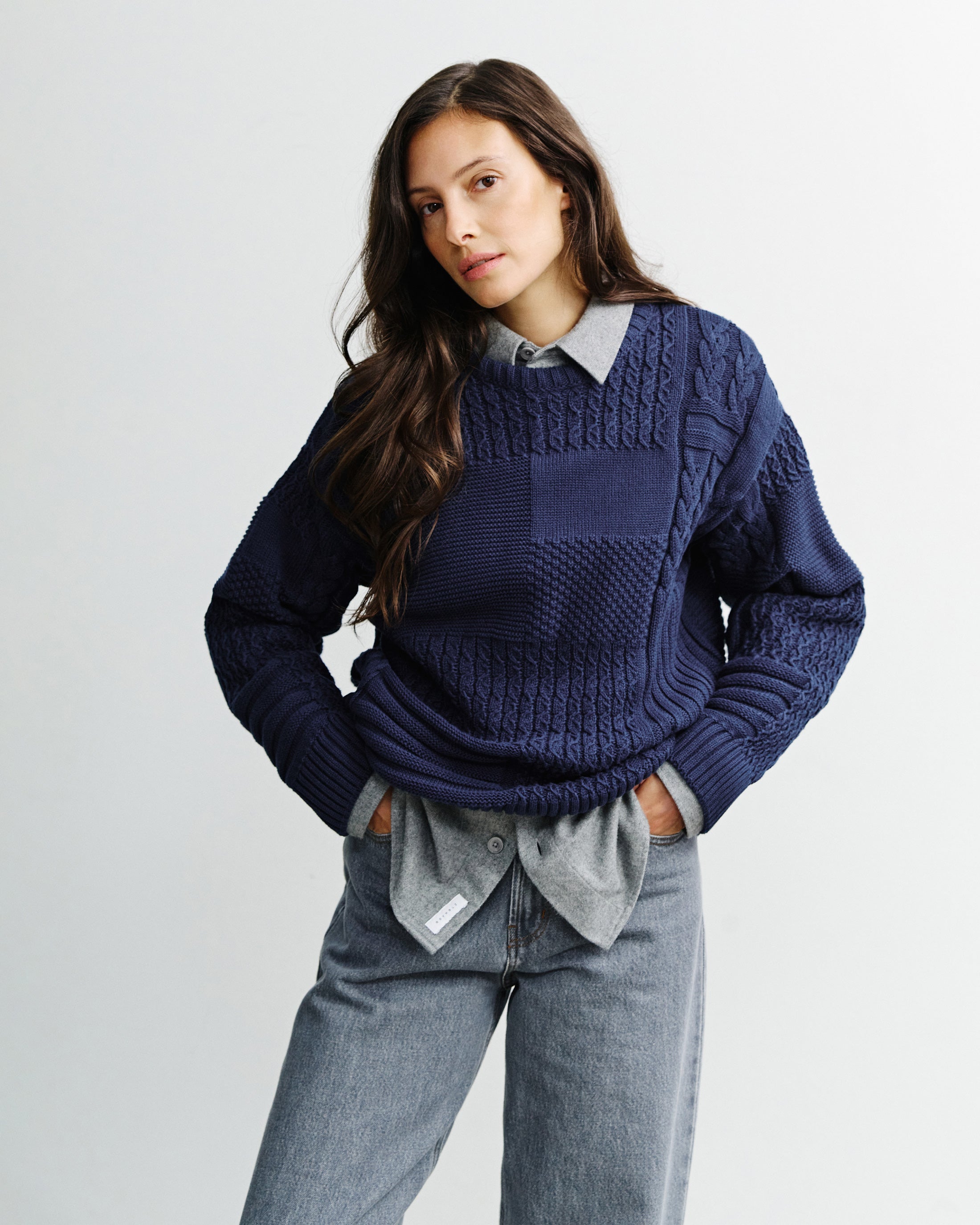 Patchwork Knit Sweatshirt Organic Cotton - Dark Blue