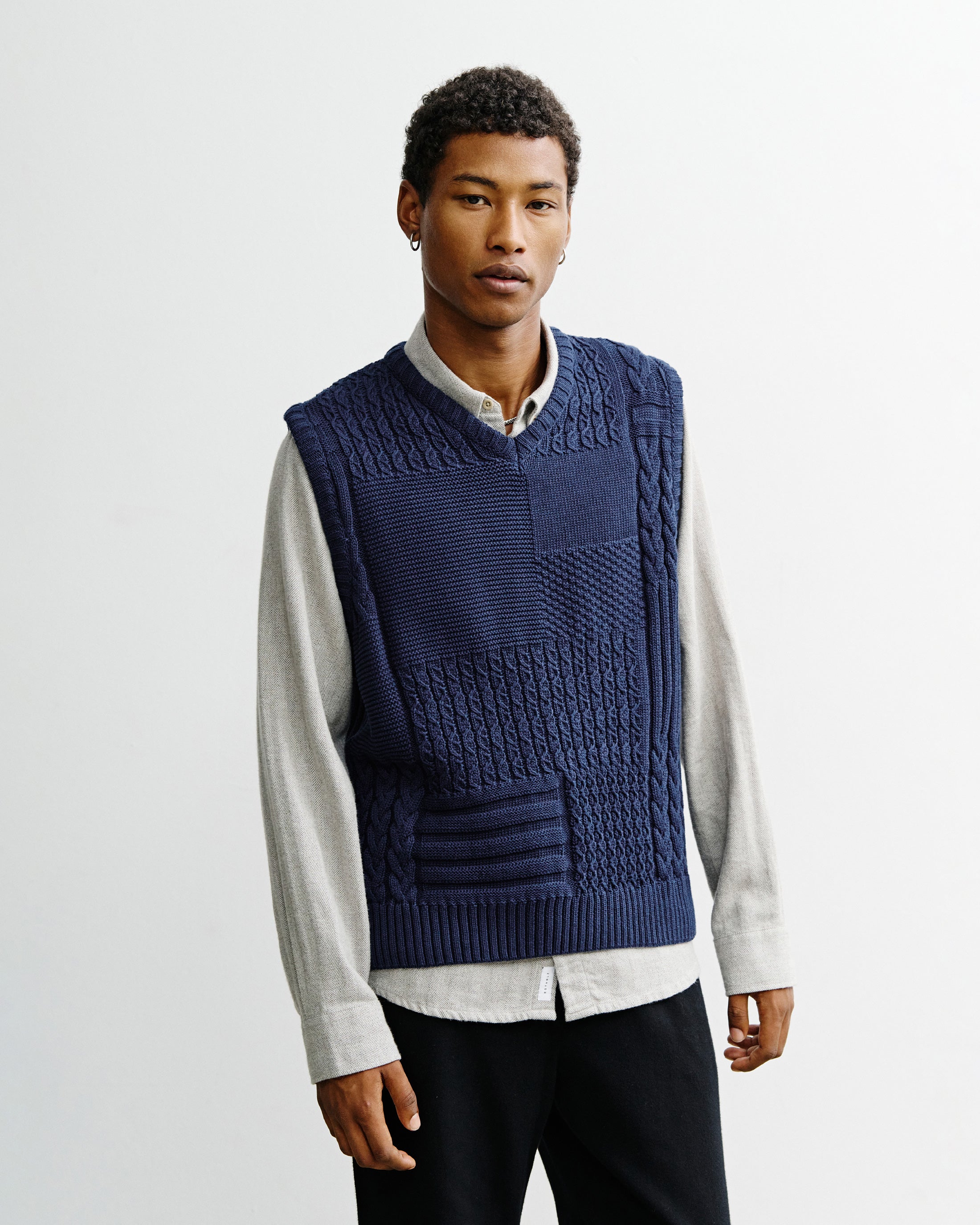 Organic Cotton Patchwork Knit Vest - Dark Blue