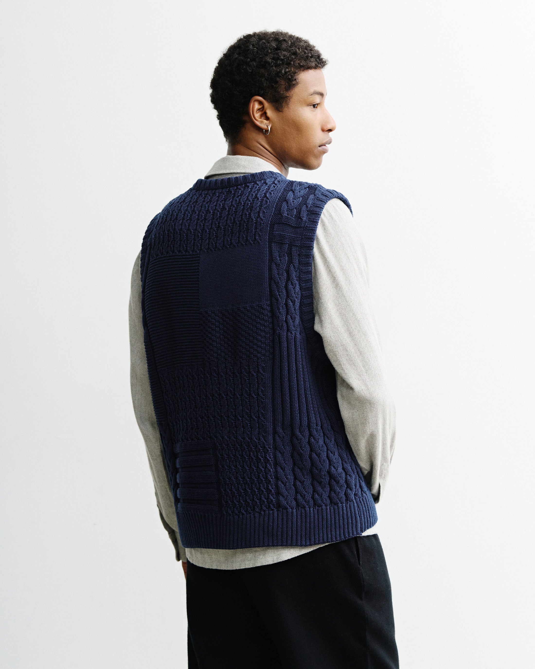 Organic Cotton Patchwork Knit Vest - Dark Blue