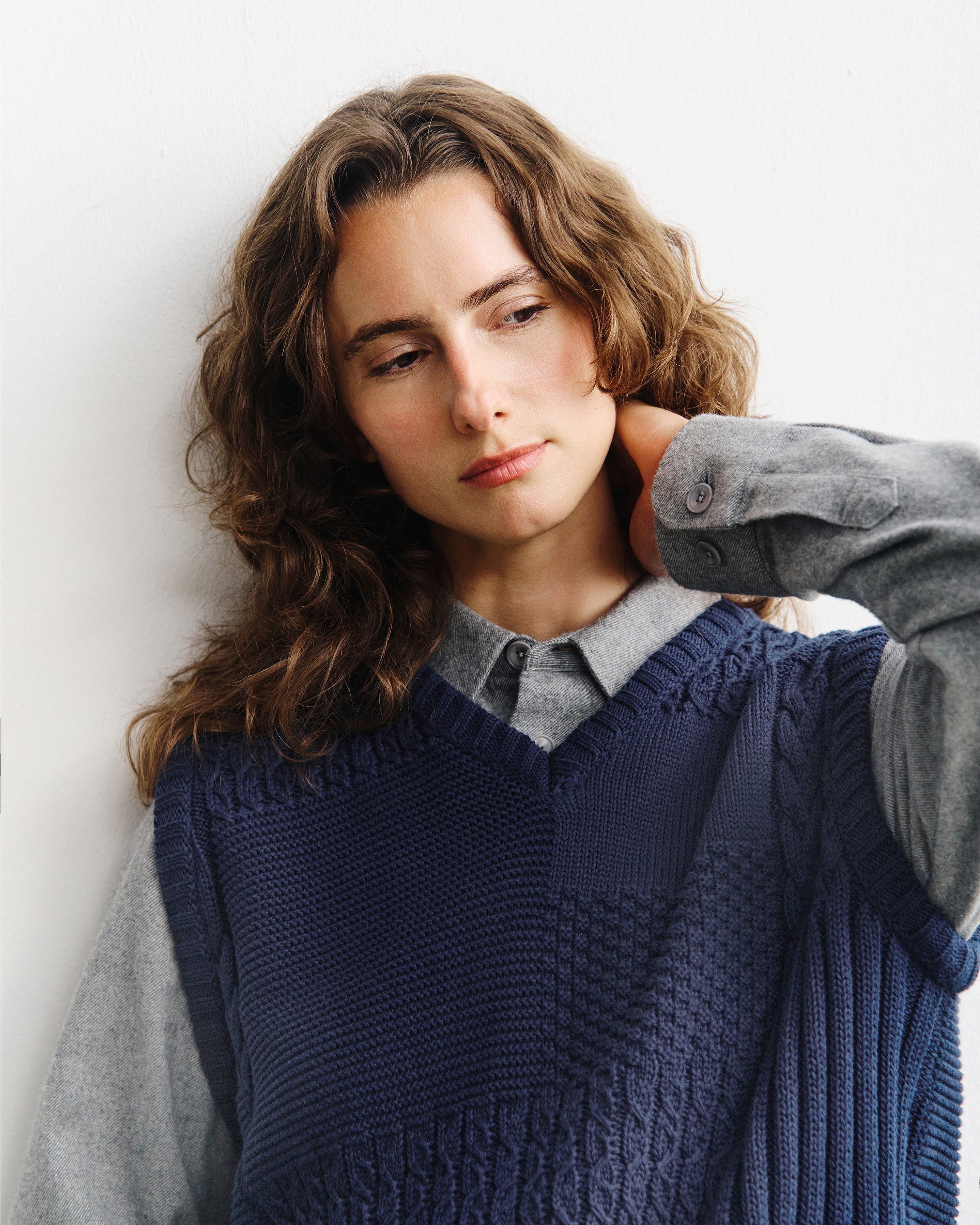 Patchwork Organic Cotton Knit Vest - Dark Blue