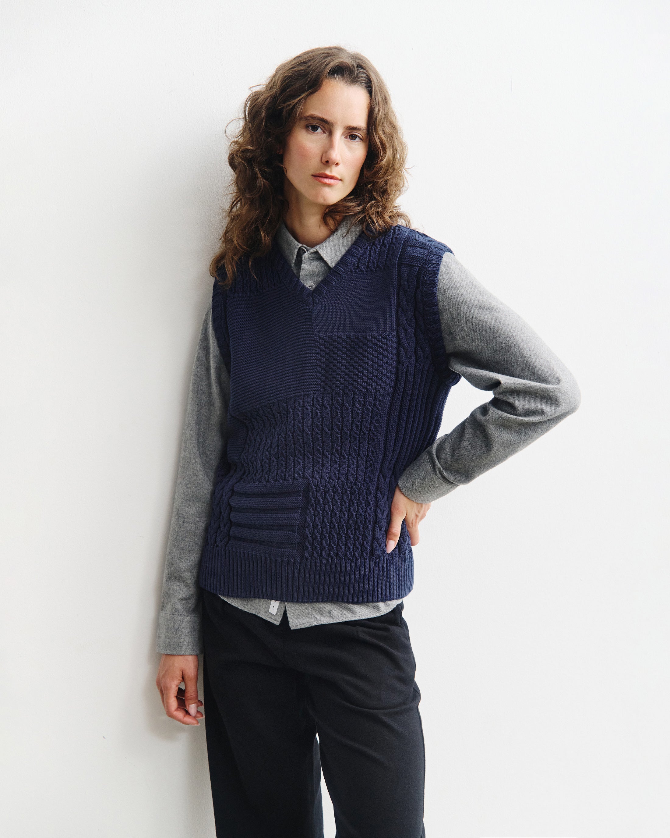 Patchwork Organic Cotton Knit Vest - Dark Blue