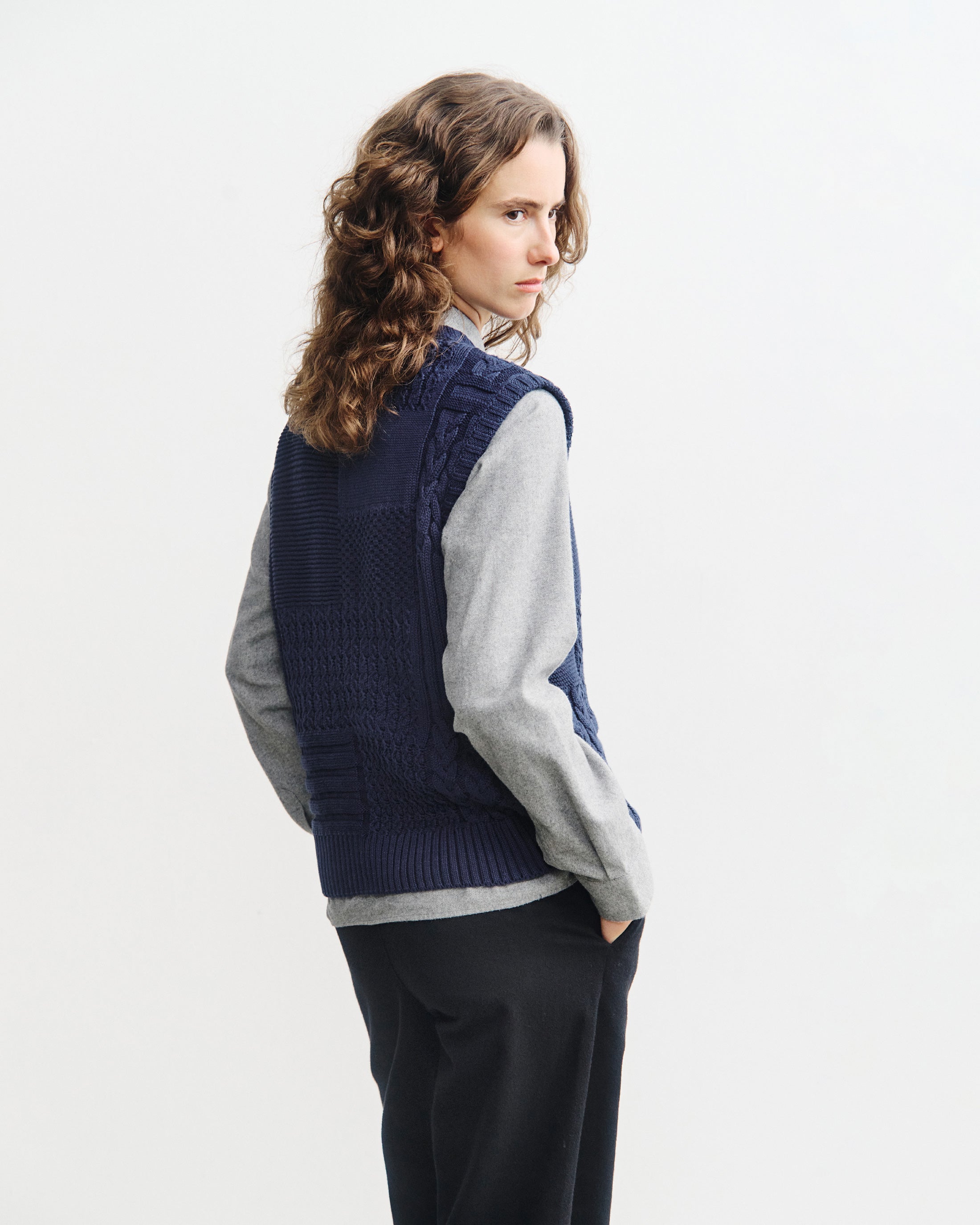 Patchwork Organic Cotton Knit Vest - Dark Blue