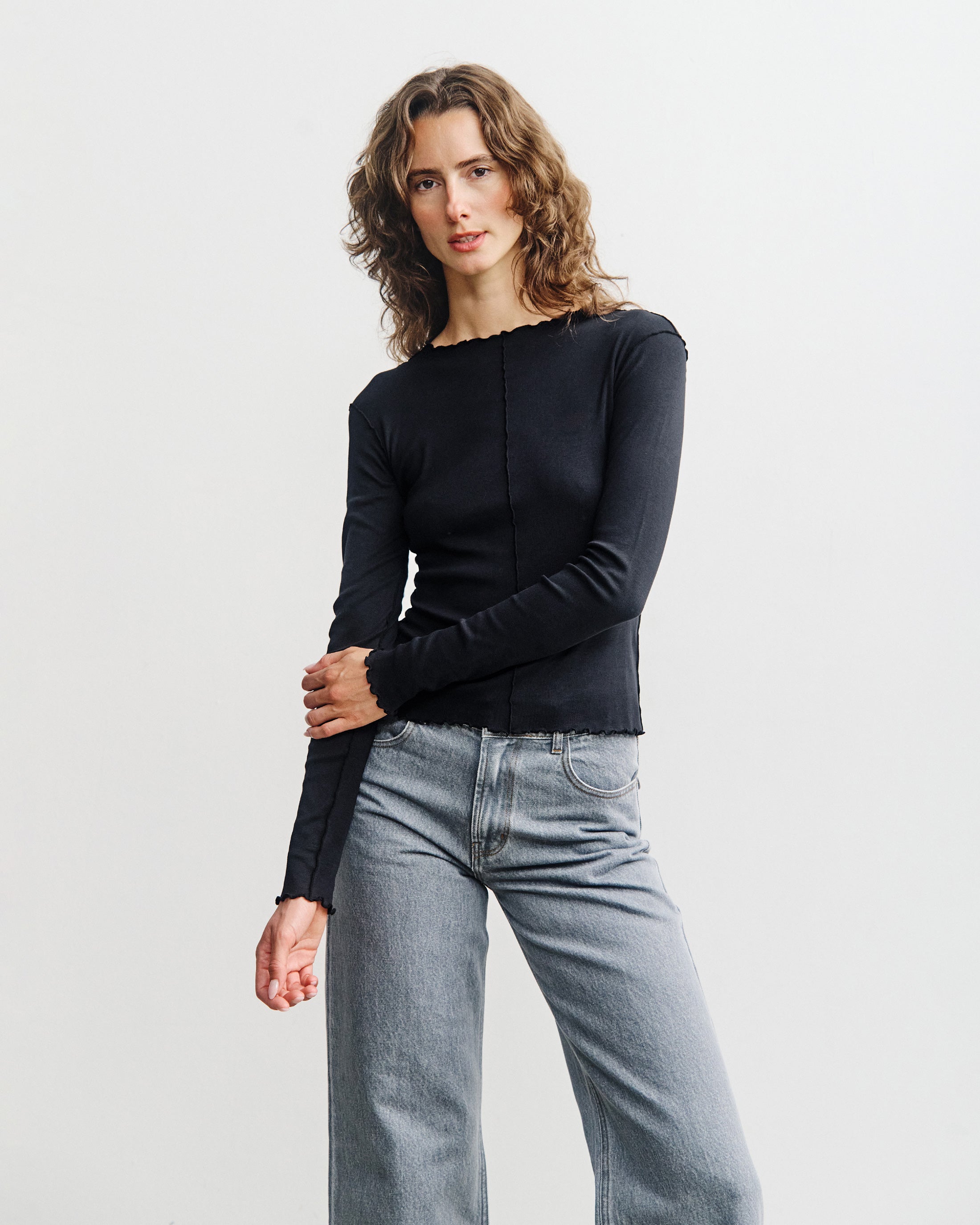 Pin-Tucked Long-Sleeve Organic Cotton - Black
