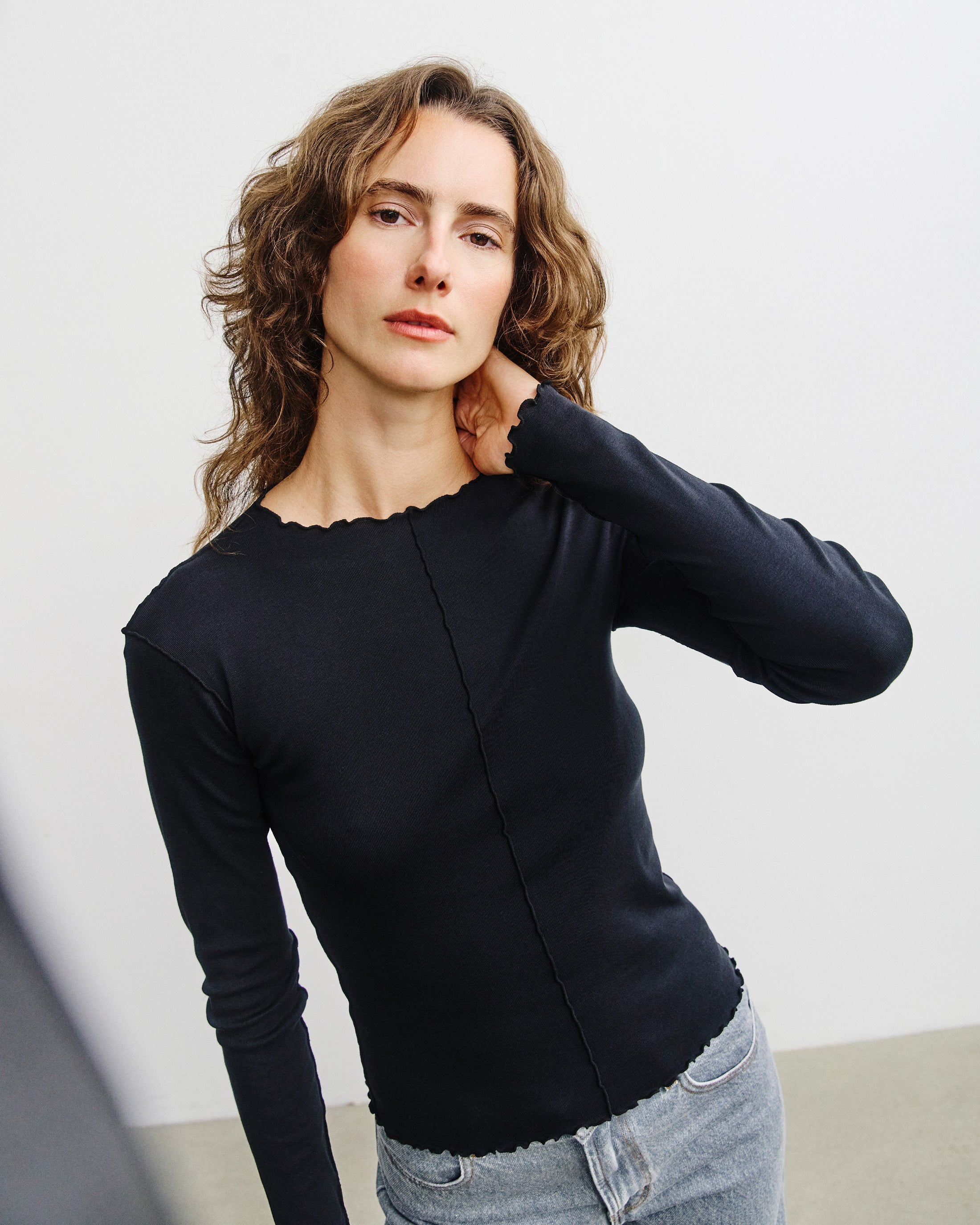 Pin-Tucked Long-Sleeve Organic Cotton - Black