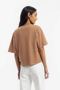 Kurzes strukturiertes T-Shirt Bio Baumwolle - Karamell