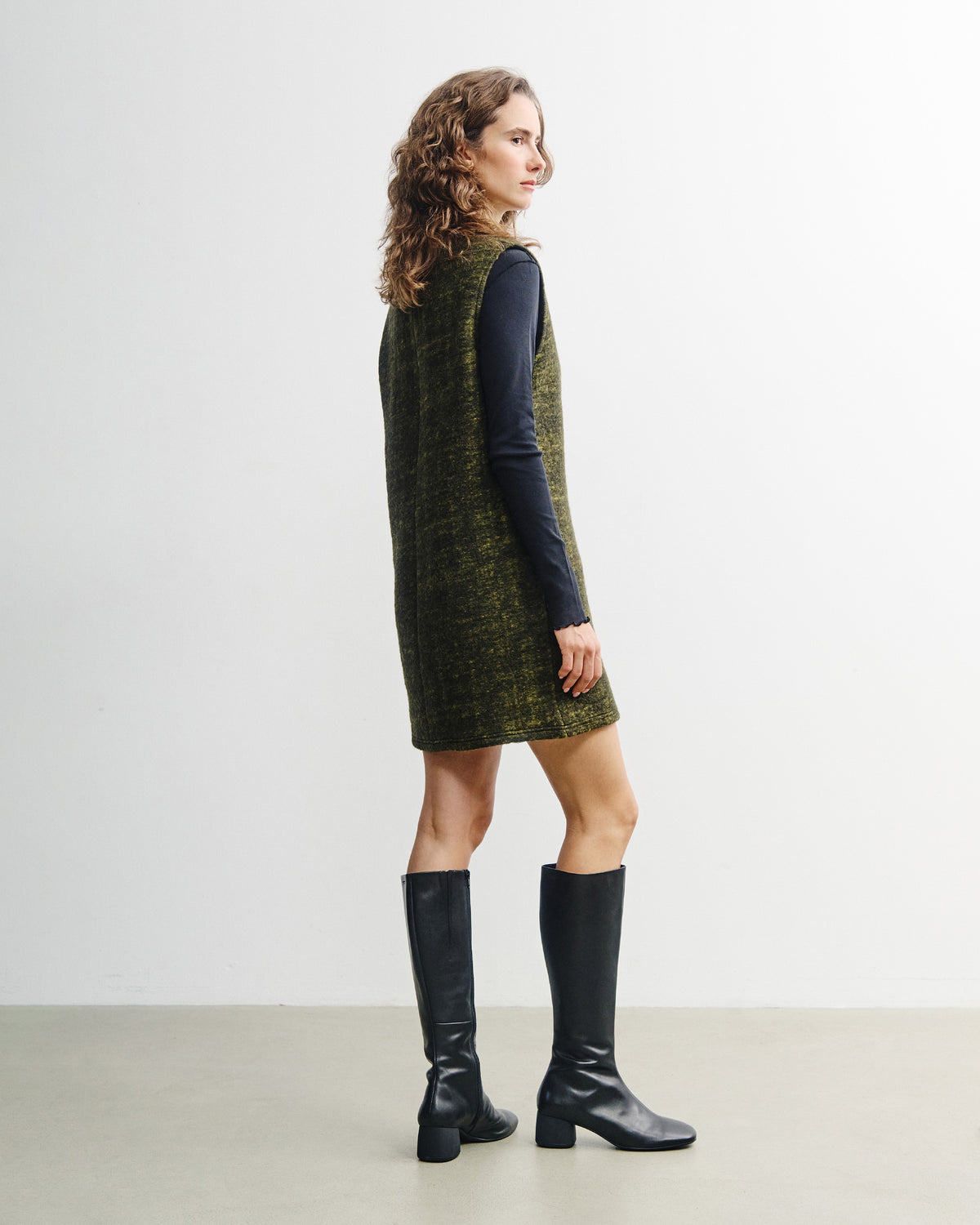 V-Neck Dress Wool Blend - Speckled Green