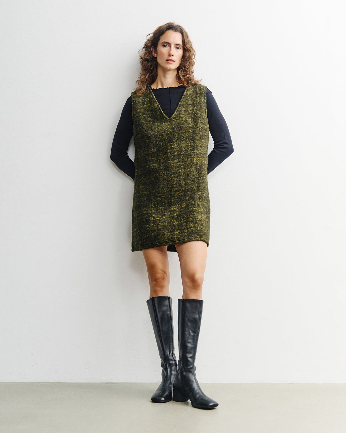 V-Neck Dress Wool Blend - Speckled Green