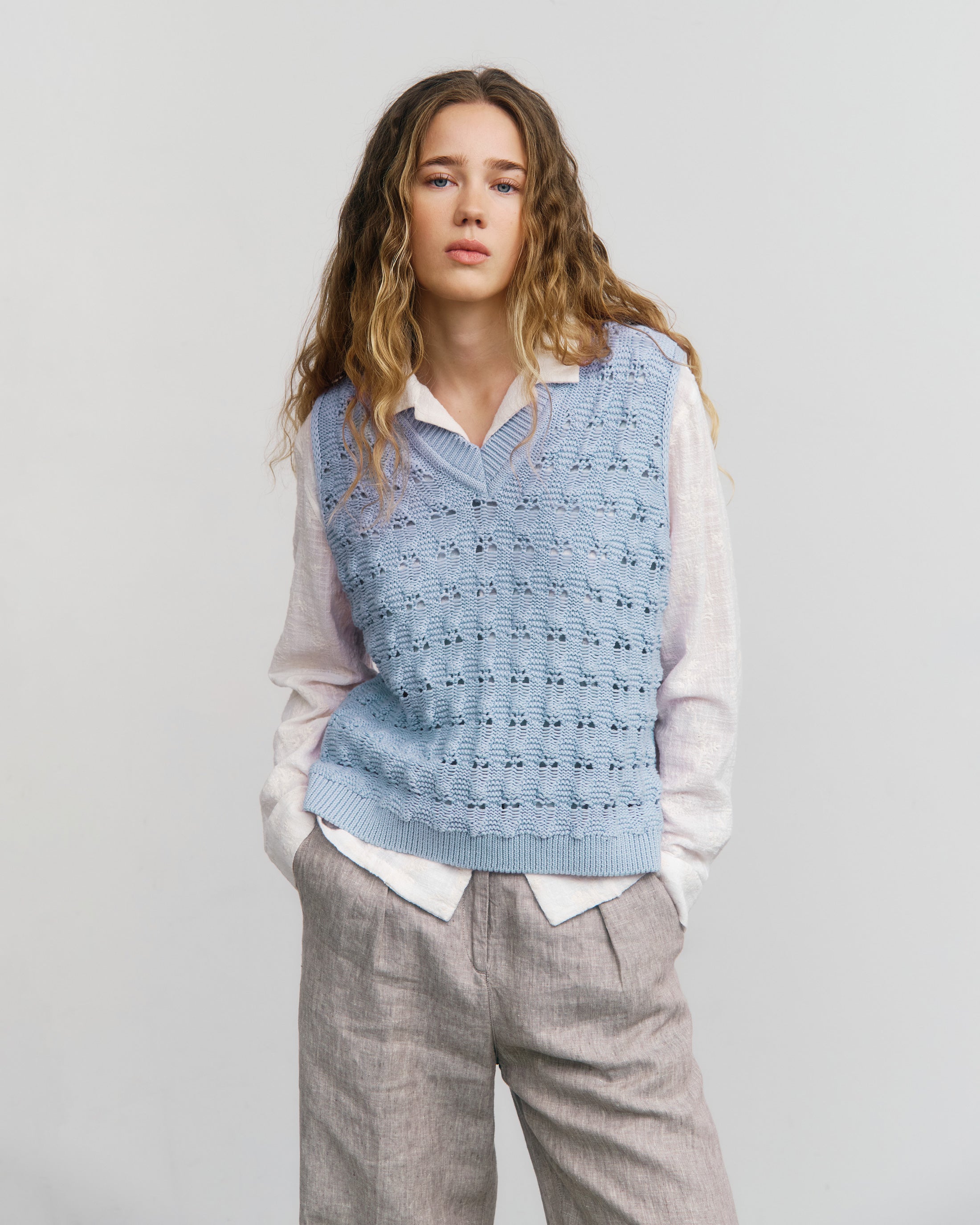 Weite Strick Weste Bio Baumwolle - Hellblau